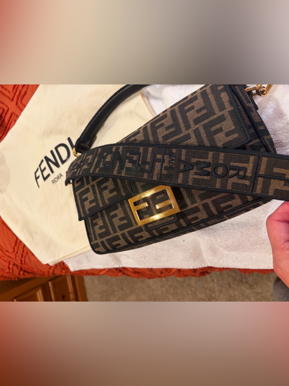 Fendi Brown and Black FF Logo Baguette Shoulder Bag with Gold Hardware - Picture 2 of 13